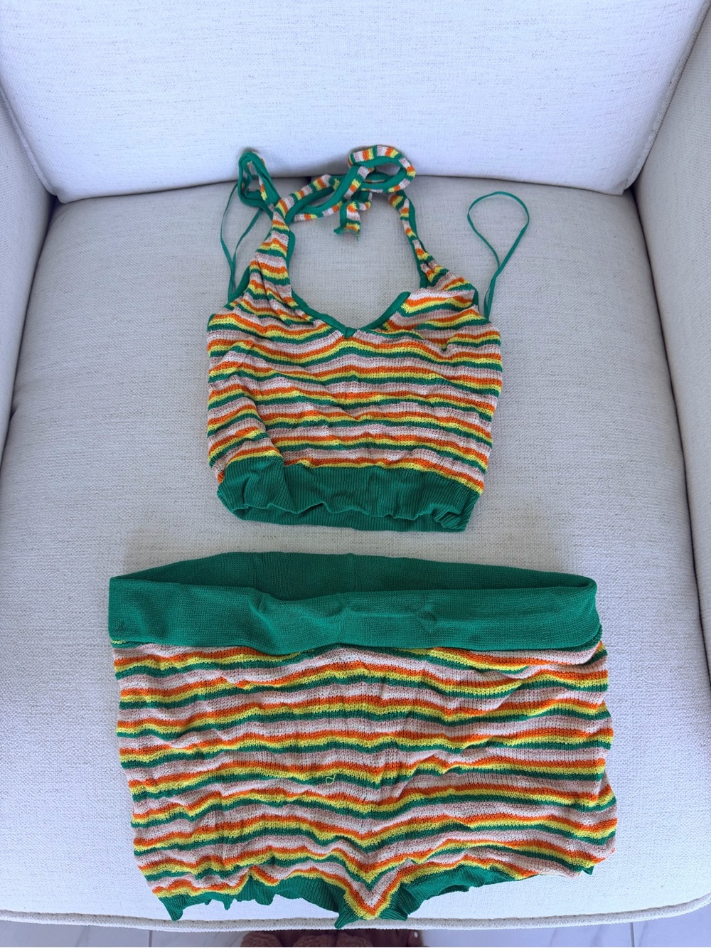 Zara Green Multi-Stripe Knit Tank and Shorts Set